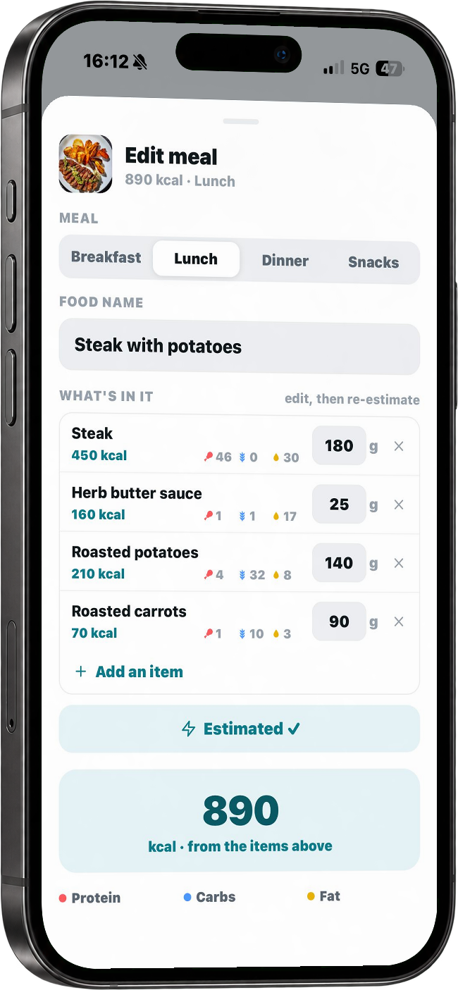 Step 1 — snap a photo of your meal and Sage scans calories and macros instantly