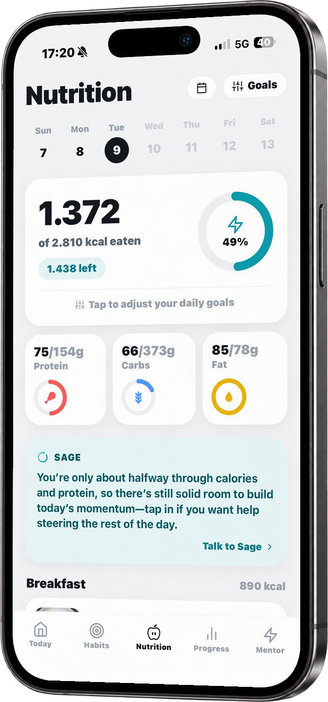 Sage Today tab showing calorie ring and macro progress