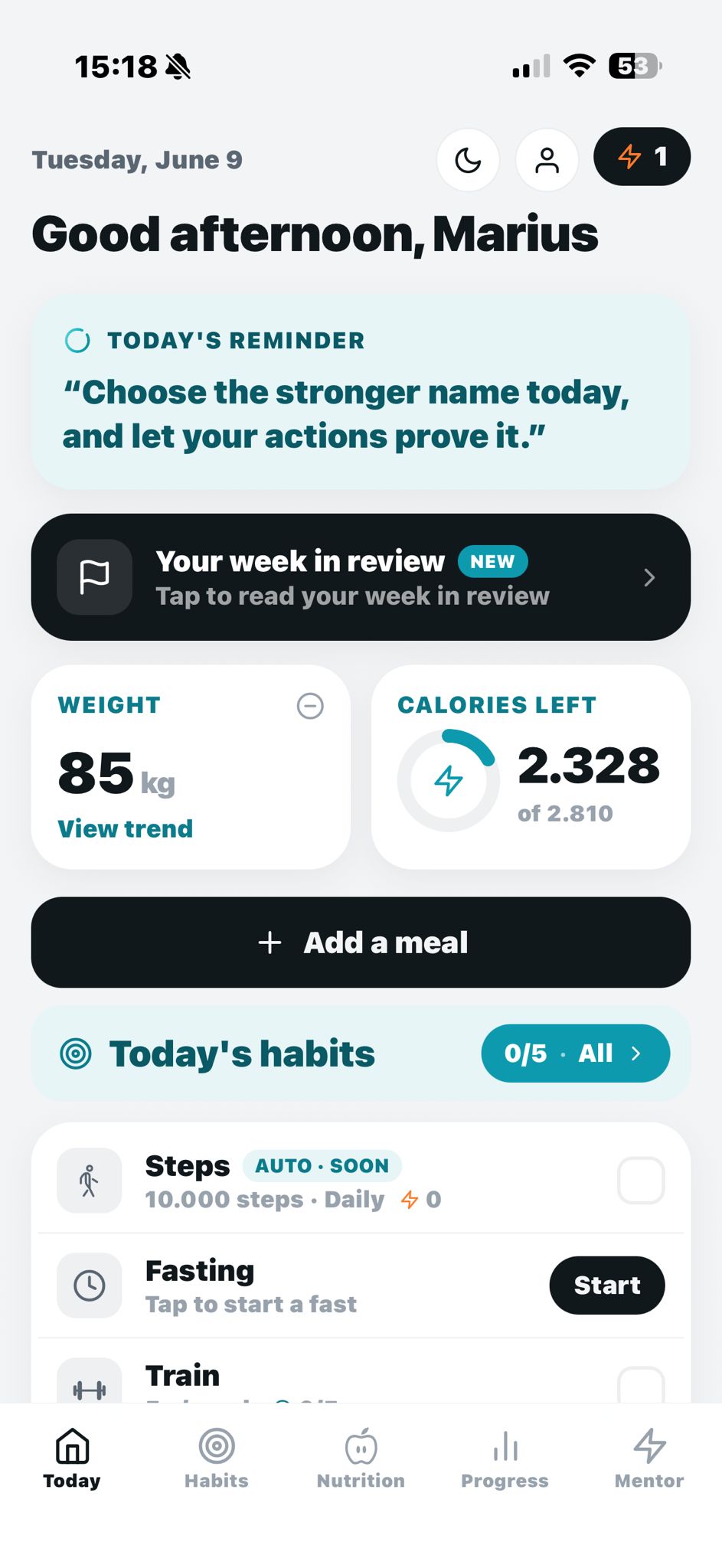 Sage home — today's calorie ring, macros, and logged meals