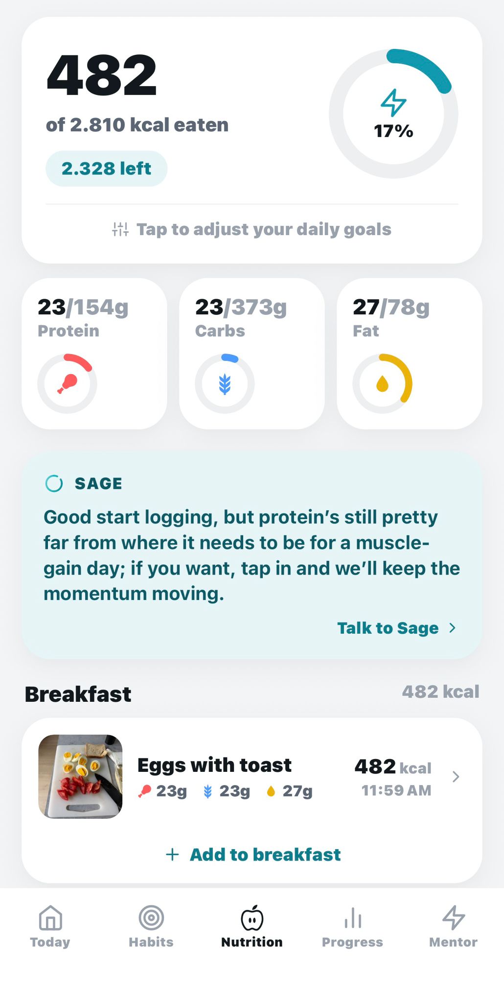 Snap a photo of your meal — Sage analyses calories and macros instantly