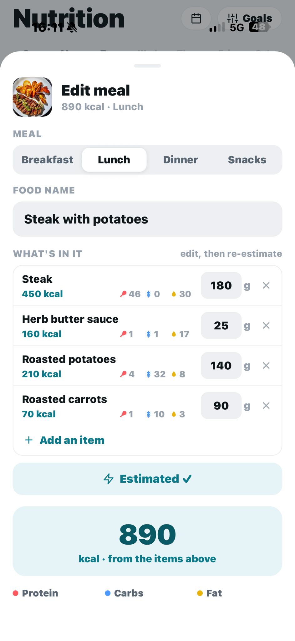 Step 1 — snap a photo of your meal and Sage scans calories and macros instantly
