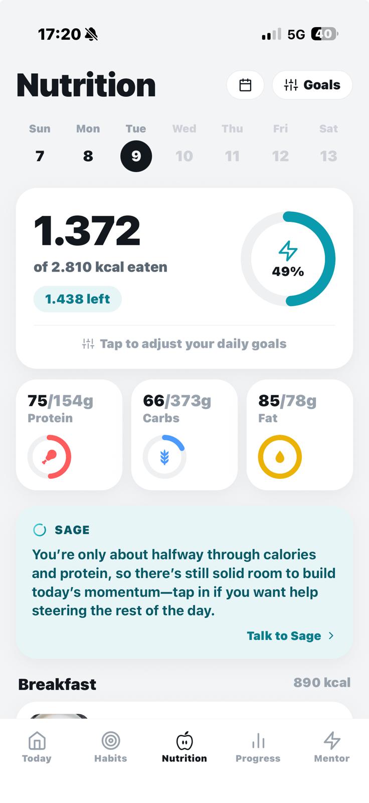 Sage Today tab showing calorie ring and macro progress